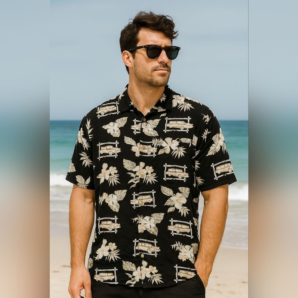 Men’s Black Hawaiian Shirt Woody Car Surf Print Knightsbridge L Tropical Coastal